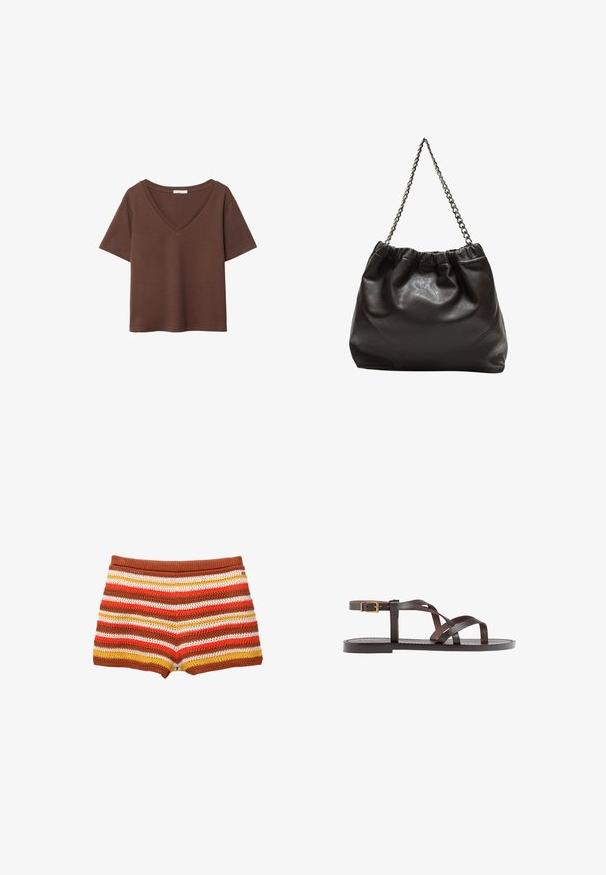 Ruskea puuvillapaita, jossa on lyhyet hihat ja syvä V-kaula-aukko. Yksinkertainen muotoilu, pehmeä rakenne ja suora helma. Ei kuvioita tai yksityiskohtia.; Crochet-shortsit, joissa on vaakaraitoja punaisena, oranssina, keltaisena ja valkoisena, sekä yksivärinen ruskea vyötärö. Pehmeä, teksturoitu kangas.; Ruske kožne sandale s križnim trakama, zatvaranjem na kopču oko gležnja i ravnim potplatom s minimalnim detaljima šivanja.; Ruskea nahkainen laukku, jossa on kerätty yläosa ja ketjuhihna. Tasainen pinta, jossa kiiltävä viimeistely ja hienovaraiset sauman yksityiskohdat sivuilla.