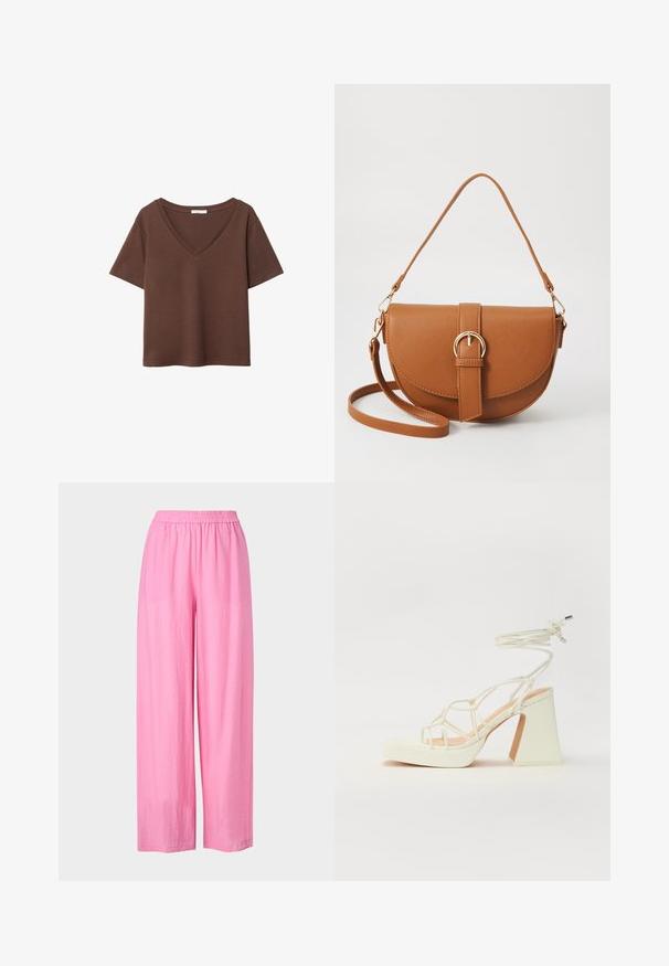 T-shirt in cotone marrone con maniche corte e scollo a V profondo. Design semplice, texture morbida e orlo dritto. Senza fantasie o dettagli.; Pantaloni rosa a gamba larga realizzati in tessuto leggero con elastico in vita. Texture liscia, senza motivi o accenti visibili.; Sandalo bianco con tacco alto, caratterizzato da un design a cinturini e un legaccio alla caviglia. Texture liscia con una piattaforma frontale per un'altezza aggiuntiva.; Borsa a tracolla in pelle marrone con forma curvata, hardware dorato e un dettaglio con fibbia. Presenta una tracolla rimovibile.