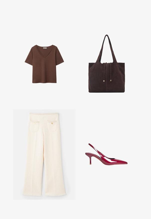 Ruskea puuvillapaita, jossa on lyhyet hihat ja syvä V-kaula-aukko. Yksinkertainen muotoilu, pehmeä rakenne ja suora helma. Ei kuvioita tai yksityiskohtia.; Valkoiset, teksturoitu leveälahkeiset housut, joissa on risareunat, kaksi takataskua, kultaiset napin yksityiskohdat ja ommeltu koristelu vyötäröillä.; Punssi slinga kappaleista punaisesta lakkoimasta nahasta, terävä kärki, matala korko ja leikkaus sivuilla. Kiiltävä pinta korostaa virheetöntä muotoilua.; Mango Shopping bag - dark brown