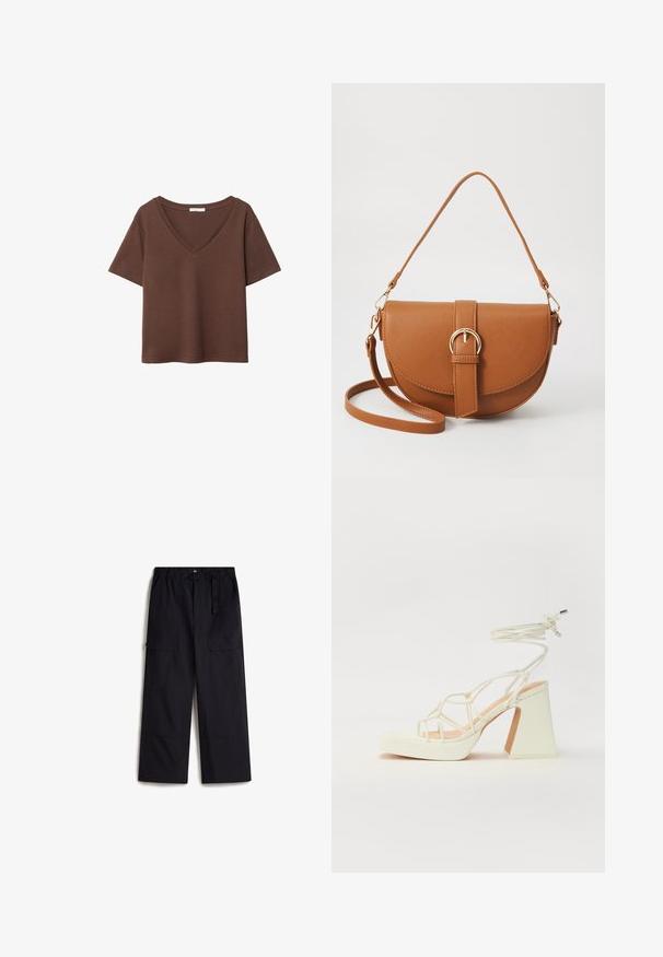 Brązowy bawełniany t-shirt z krótkimi rękawami i głębokim dekoltem w kształcie litery V. Prosty design, miękka faktura i prosty krój u dołu. Brak wzorów i akcentów.; Czarne spodnie cargo z elastycznym paskiem w talii, regulowanym paskiem i dwoma bocznymi kieszeniami. Wykonane z lekkiego, strukturalnego materiału.; Biała sandał na wysokim obcasie z masywnym słupkiem, z paskowym wzorem i wiązaniem przy kostce. Gładka faktura z platformą z przodu dla dodatkowej wysokości.; Brązowa skórzana torba na ramię o zaokrąglonym kształcie, ze złotymi akcentami i zapięciem w formie klamry. Posiada odpinany pasek na ramię.