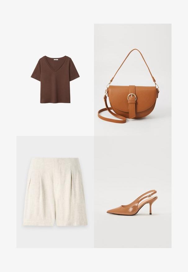 Hnědý bavlněný tričko s krátkými rukávy a hlubokým V-výstřihem. Jednoduchý design, měkká textura a rovný lem. Žádné vzory ani akcenty.; Světlé béžové lněné šortky s upraveným designem, které mají sklady a čistý, rovný střih. Hladká textura, žádné viditelné kování ani akcenty.; Sandy poprsko s úzkým podpatkem v hladkém, lesklém odstínu tan. Obsahuje zakřivený design s výřezem a štíhlý jehlový podpatek. Detail se stříbrnou sponou.; Hnědá kožená křížová taška s zakřiveným tvarem, zlatými detaily a akcentem s přezkou. Obsahuje odnímatelný popruh na rameno.