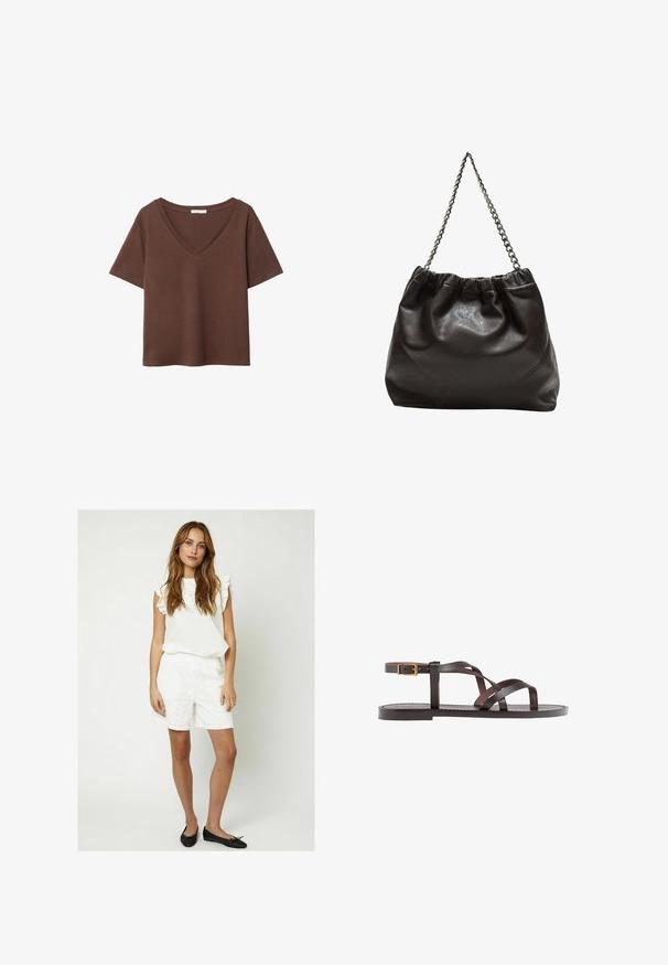 Brown cotton t-shirt with short sleeves and a deep V-neck. Simple design, soft texture, and straight hemline. No patterns or accents.; Moves PENSI - Shorts - snow white; Brown leather sandal featuring crisscross straps, an ankle buckle closure, and a flat sole with minimal stitching details.; Brown leather bag with a gathered top and a chain strap. Smooth texture with a glossy finish and subtle seam detailing on the sides.