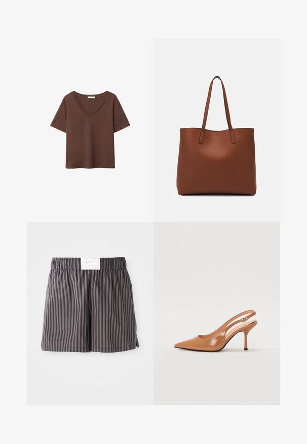 Smeđa pamučna majica kratkih rukava s dubokim V-izrezom. Jednostavan dizajn, mekana tekstura i ravni rub. Bez uzoraka ili naglasaka.; Sive prugaste kratke hlače izrađene od lagane tkanine, s elastičnom strukom i bijelim Nike logom na prednjem dijelu.; Sandal s petom u obliku šiljastog prsta od glatkog, sjajnog smeškastog materijala. Ima zakrivljeni izrez i vitku štiklu. Detalj s srebrnom kopčom.; Smeđa kožna torba preko ramena s glatkom teksturom, otvorenim vrhom i dvjema naramenicama. Ima minimalne šavove i nema vidljivog hardvera.