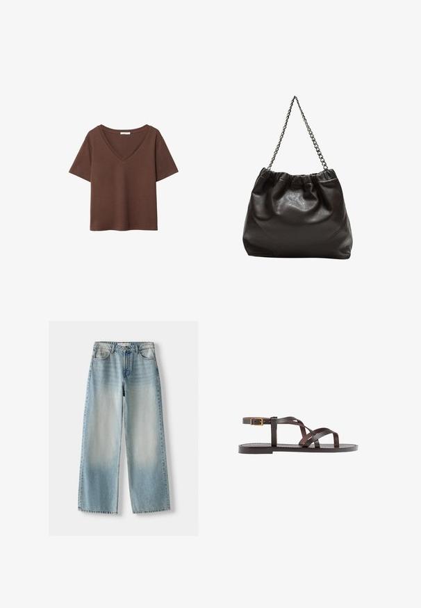 Ruskea puuvillapaita, jossa on lyhyet hihat ja syvä V-kaula-aukko. Yksinkertainen muotoilu, pehmeä rakenne ja suora helma. Ei kuvioita tai yksityiskohtia.; Vaaleansiniset farkut, joissa on väljä malli, suorat lahkeet ja haalistuneita alueita. Sisältää klassisen viiden taskun suunnittelun ja napin sulkemisen.; Ruske kožne sandale s križnim trakama, zatvaranjem na kopču oko gležnja i ravnim potplatom s minimalnim detaljima šivanja.; Ruskea nahkainen laukku, jossa on kerätty yläosa ja ketjuhihna. Tasainen pinta, jossa kiiltävä viimeistely ja hienovaraiset sauman yksityiskohdat sivuilla.