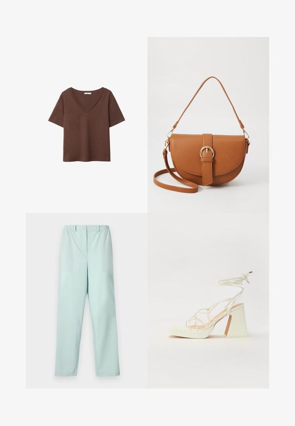 Rjava bombažna majica s kratkimi rokavi in globokim V-izrezom. Preprost dizajn, mehak material in raven rob. Brez vzorcev ali dekorativnih elementov.; Hlaholdne hlače svetlo mint zelene barve z elastičnim pasom, sprednjim gumbom, dvema sprednjima žepoma in ravnimi hlačnicami. Gladka tekstura tkanine.; Bela sandala na visokih petah s debelim petam, ki ima obliko trakcev in vezanje okoli gležnja. Gladka tekstura z platformo spredaj za dodatno višino.; Rjava usnjena torbica prek telesa s ukrivljeno obliko, zlate opreme in sponko. Ima odstranljiv naramni trak.