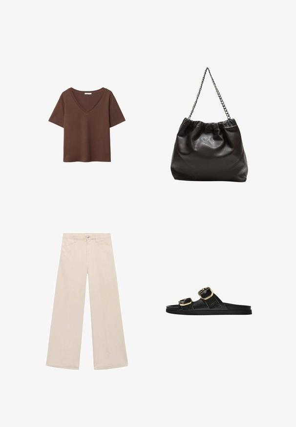 Smeđa pamučna majica kratkih rukava s dubokim V-izrezom. Jednostavan dizajn, mekana tekstura i ravni rub. Bez uzoraka ili naglasaka.; Bordeaux široke hlače od mješavine pamuka. Imaju prednje džepove i jedan metalni gumb za zatvaranje u struku. Glatka tekstura.; Crne sandale na klizanje s dva zlatna akcenta u obliku kopči, glatkog teksturiranog materijala, ravnim potplatom i minimalističkim dizajnom.; Smeđa kožna torba s naboranim vrhom i lančićem za nošenje. Glatka tekstura s sjajnim završetkom i suptilnim šavnim detaljima sa strane.