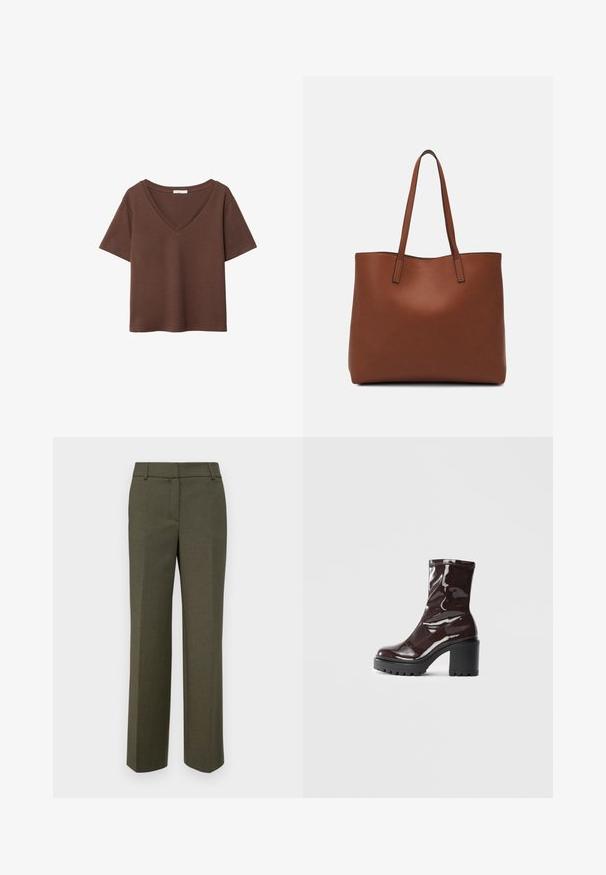 Brun bomulds t-shirt med korte ærmer og dyb V-hals. Enkel design, blød tekstur og lige kant. Ingen mønstre eller detaljer.; Olivengrøn skræddersyede bukser lavet af tekstureret stof. Har et lige ben-design med flad front og ingen synlige dekorationer.; Glatte burgunder ankelstøvler med en chunky sort hæl, der har en glat tekstur og et simpelt design. Ingen synlige lukninger eller mønstre.; Brun læder tote taske med en glat overflade, åben topdesign og to skulderremme. Har minimal syning og ingen synlig hardware.
