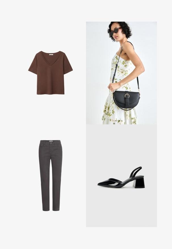 Smeđa pamučna majica kratkih rukava s dubokim V-izrezom. Jednostavan dizajn, mekana tekstura i ravni rub. Bez uzoraka ili naglasaka.; Tamno sivi traperice ravnog kroja, s prednjim džepovima i kopčanjem na dugme. Materal ima glatku teksturu i minimalne hardverske detalje.; Crne lakirane kožne sandale s otvorenom petom i špicastim vrhom, s geometrijskom blok petom. Imaju elegantan, minimalistički dizajn i glatku teksturu.; Crna kožna torba s lukovitim oblikom, odvojivim remenom i zlatnim detaljima. Torba ima preklop s kopčom.