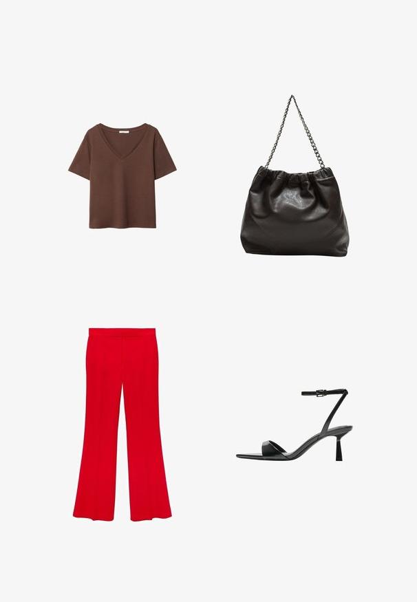 Braunes Baumwoll-T-Shirt mit kurzen Ärmeln und tiefem V-Ausschnitt. Einfaches Design, weiche Textur und gerade Saumlinie. Keine Muster oder Akzente.; Rote, ausgestellte Hosen aus einem glatten Stoff mit hohem Bund und zwei Vordertaschen. Das Design zeichnet sich durch klare Linien und eine maßgeschneiderte Passform aus.; Bershka High Heel Sandalette - black; Braune Lederhandtasche mit gerafftem Oberteil und Kettenriemen. Glatte Textur mit glänzendem Finish und subtilen Nahtdetails an den Seiten.