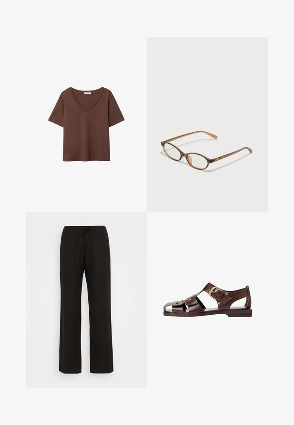 Brun bomulls t-shirt med korta ärmar och djup V-ringning. Enkel design, mjuk textur och rak fåll. Inga mönster eller dekorationer.; Svarta linnebyxor med avslappnad passform, featuring ett elastiskt midjeband och justerbar dragsko. Slät textur och bred ben-design.; Bruna lädersandaler med utskärning, justerbar sidspänne och platt sula, samt metallaccenter och öppen tå.; Bruna sköldpaddsformade glasögon med ovala linser, tunna skalmar och transparanta detaljer. Innehåller en diskret logotyp på bågen. Snygg, lätt design.