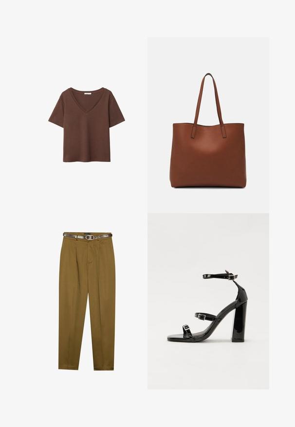 Hnědý bavlněný tričko s krátkými rukávy a hlubokým V-výstřihem. Jednoduchý design, měkká textura a rovný lem. Žádné vzory ani akcenty.; Hnědé, na míru šité kalhoty s plisovaným předním dílem a dobře padnoucím pasem. Součástí je tmavě hnědý kožený opasek se zaoblenou sponou.; Černé lakované sandály na podpatku se čtveratou špičkou, lýtkovými pásky a stříbrnými přezkami. Disponují masivním blokovým podpatkem pro stabilitu.; Hnědá kožená taška přes rameno s hladkou texturou, otevřeným designem a dvěma ramenními popruhy. Obsahuje minimální švy a žádné viditelné kovové prvky.