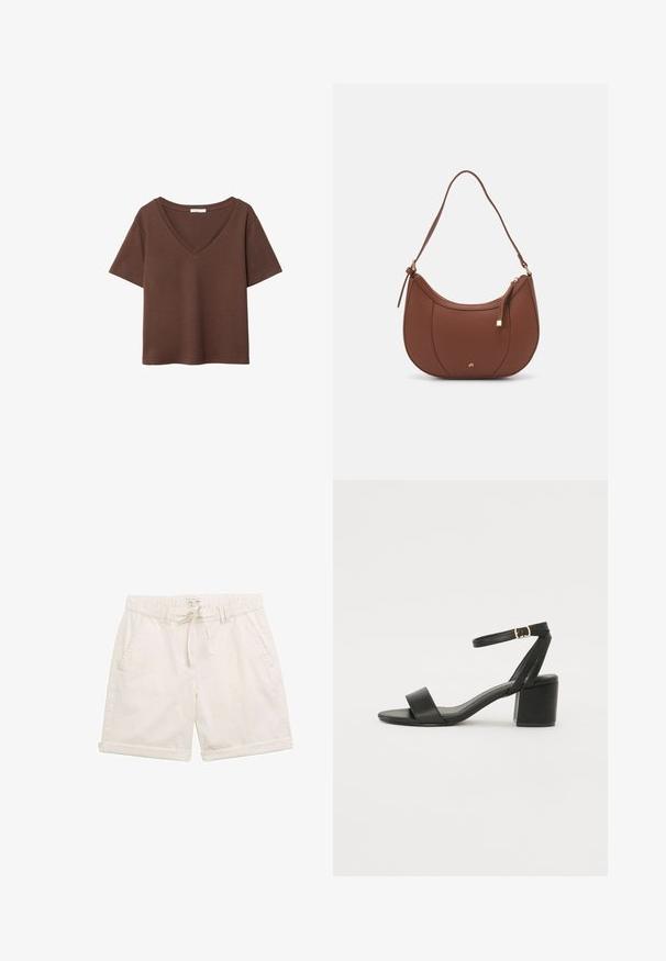 Bruine katoenen t-shirt met korte mouwen en een diepe V-hals. Eenvoudig ontwerp, zachte textuur en rechte zoom. Geen patronen of accenten.; Lichtbeige shorts van katoen, met een elastische tailleband, voorzakken en opgerolde manchetten. Eenvoudige, geweven stof en een koordsluiting.; Zwarte hoge sandaal met een soepel leren bovenkant, een open teen, brede voorkruisbanden en een verstelbare enkelband met een gouden gespdetail.; Bruine faux leren schoudertas met een gebogen vorm, minimale stiksels en een gouden hardware-accent. Voorzien van een bovenste ritsluiting en een verstelbare schouderband.
