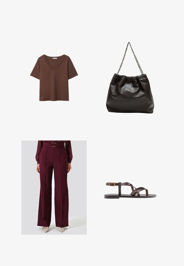 Brown cotton t-shirt with short sleeves and a deep V-neck. Simple design, soft texture, and straight hemline. No patterns or accents.; Maroon wide-leg trousers with a belted waist, pleats down the front, and smooth fabric. Paired with beige pointed-toe shoes.; Brown leather sandal featuring crisscross straps, an ankle buckle closure, and a flat sole with minimal stitching details.; Brown leather bag with a gathered top and a chain strap. Smooth texture with a glossy finish and subtle seam detailing on the sides.