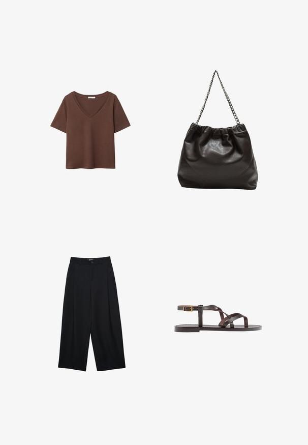 Hnědý bavlněný tričko s krátkými rukávy a hlubokým V-výstřihem. Jednoduchý design, měkká textura a rovný lem. Žádné vzory ani akcenty.; Černé kalhoty širokého střihu vyrobené z hladkého materiálu, s předním zapínáním na knoflík, sklady a bočními kapsami pro větší užitečnost.; Hnědé kožené sandály s kříženými pásky, uzavřením na přezku u kotníku a plochou podrážkou s minimem švů.; Hnědá kožená taška se sbíraným vrškem a řetízkovým popruhem. Hladký povrch s lesklým finišem a jemným švem na bocích.