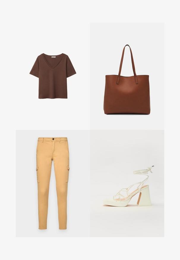 Brązowy bawełniany t-shirt z krótkimi rękawami i głębokim dekoltem w kształcie litery V. Prosty design, miękka faktura i prosty krój u dołu. Brak wzorów i akcentów.; Beżowe spodnie cargo wykonane z bawełny, z kieszeniami bocznymi, z przodem na guziki oraz dopasowanym krojem. Gładka faktura, bez widocznych wzorów.; Biała sandał na wysokim obcasie z masywnym słupkiem, z paskowym wzorem i wiązaniem przy kostce. Gładka faktura z platformą z przodu dla dodatkowej wysokości.; Brązowa skórzana torba tote o gładkiej fakturze, z otwartym wierzchem i dwoma ramiączkami. Charakteryzuje się minimalnym przeszyciem i brakiem widocznych elementów metalowych.