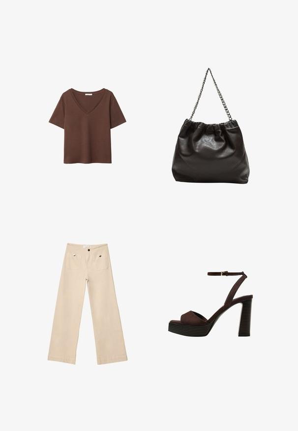 Brun bomulls t-shirt med korta ärmar och djup V-ringning. Enkel design, mjuk textur och rak fåll. Inga mönster eller dekorationer.; Beige vida byxor i mjuk bomull, med två framfickor med silverdetaljer, rak skärning och prydligt avslutade fållar.; Bruna mocka högklackade sandaler med öppen tå, justerbar vristrem och en randig plattformssula.; Brun läderväska med rynkad topp och kedjesnodd. Slät textur med en blankslipad yta och subtila sömdetaljer på sidorna.