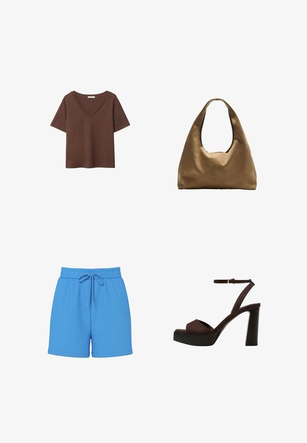 Ruskea puuvillapaita, jossa on lyhyet hihat ja syvä V-kaula-aukko. Yksinkertainen muotoilu, pehmeä rakenne ja suora helma. Ei kuvioita tai yksityiskohtia.; Siniset puuvillashortsit, joissa on joustava vyötärö ja naru. Sileä pinta, polven ylle ulottuva pituus, ilman näkyviä kuvioita tai koristeita.; Ruske kožne sandale s visokom potpeticom, otvorenim prstima, podesivim kopčanjem oko gležnja i prugastim platformskim đonom.; Ruskea kangaskassi, jossa on leveä, pyöristetty muoto ja suuri leikattu kahva. Pehmeä pinta, minimalistinen muotoilu ja ei näkyvää metalliosaa.