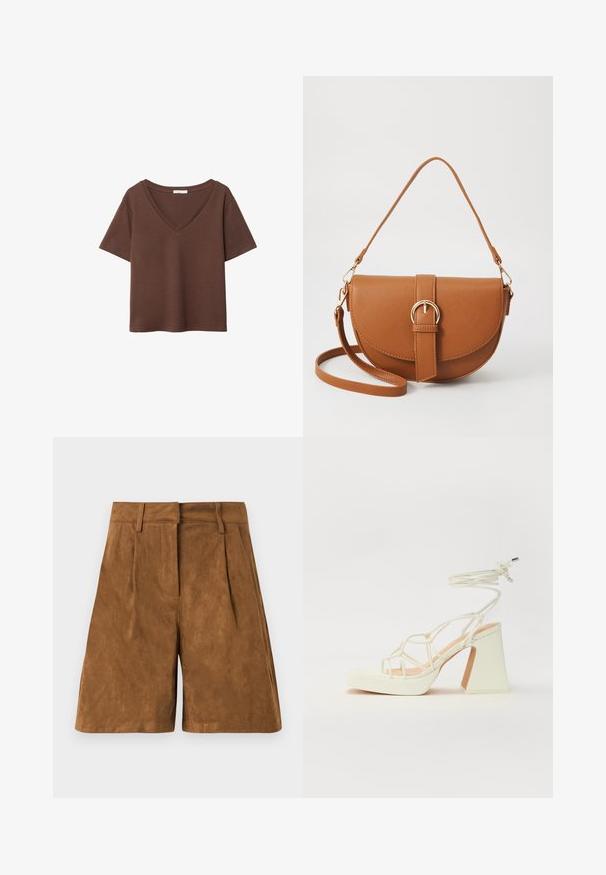 Ruskea puuvillapaita, jossa on lyhyet hihat ja syvä V-kaula-aukko. Yksinkertainen muotoilu, pehmeä rakenne ja suora helma. Ei kuvioita tai yksityiskohtia.; Ruskean mokkanahkashortsit, joissa on sileä pinta, etupleisureet, tasainen vyötärö ja suora leikkaus.; Valkoinen korkokenkä, jossa on paksu korko, ja joka sisältää nauhakiinnityksen ja nilkkaketjun. Sujuva pinta, jossa on platform-etupohja lisäkorkeutta varten.; Ruskean nahkainen olkalaukku, jossa on kaareva muoto, kultaiset yksityiskohdat ja solkiyksityiskohta. Varustettu irrotettavalla olkahihnalla.