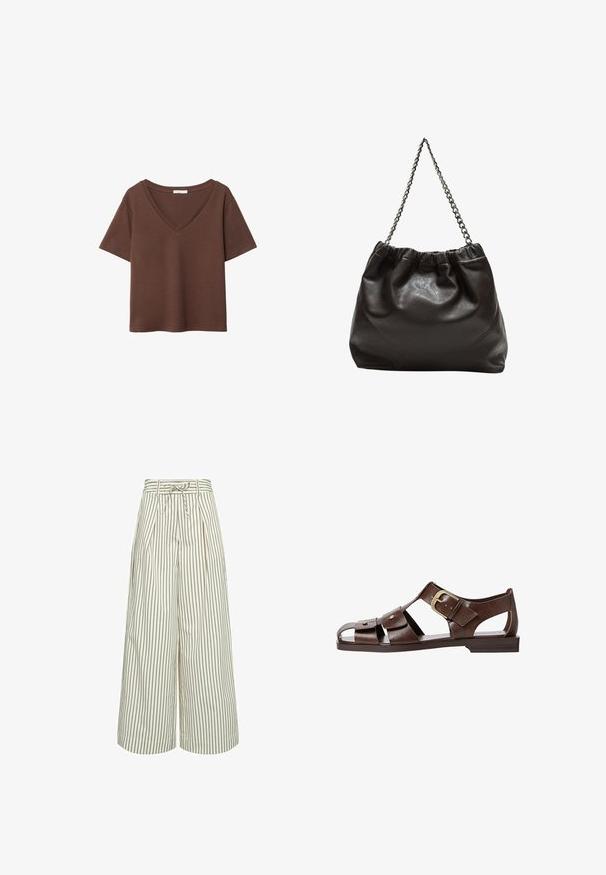 Smeđa pamučna majica kratkih rukava s dubokim V-izrezom. Jednostavan dizajn, mekana tekstura i ravni rub. Bez uzoraka ili naglasaka.; Hlače širokih nogavica u krem boji s tankim smeškim vertikalnim prugama. Imaju plisiranje i pojas s mašnom u struku. Izrađene su od glatkog materijala.; Smeđe kožne sandale s izrezbarenim dizajnom, podesivim bočnim kopčanjem i ravnim potplatom, s metalnim detaljima i otvorenim prstima.; Smeđa kožna torba s naboranim vrhom i lančićem za nošenje. Glatka tekstura s sjajnim završetkom i suptilnim šavnim detaljima sa strane.