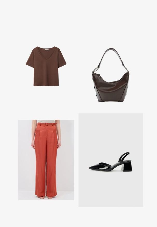 Ruskea puuvillapaita, jossa on lyhyet hihat ja syvä V-kaula-aukko. Yksinkertainen muotoilu, pehmeä rakenne ja suora helma. Ei kuvioita tai yksityiskohtia.; Löysät housut rusti-oranssista kankaasta, joka on sileä tekstuuriltaan. Housuissa on hyvin istuva vyötärö ja siihen sopiva vyö metallikoristeilla.; Mustat patentoitu nahkakengät, joissa on säären takaosa ja terävä kärki, sekä geometrinen palikkakorko. Sisältää tyylikkään, minimalistisen muotoilun ja sileän pinnan.; Tumma ruskea nahkalaukku, jossa on kaareva muoto, vetoketjusuljenta ja lyhyt kahva. Varustettu metalliosilla ja koristeellisilla mustilla nappuloilla sivuilla.