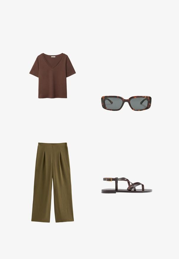 Brun bomulls t-shirt med korta ärmar och djup V-ringning. Enkel design, mjuk textur och rak fåll. Inga mönster eller dekorationer.; Olivgröna vida byxor med framfållar, tillverkade av lättviktigt material. Har en platt midja och en mjuk yta.; Bruna lädersandaler med korsade remmar, spänne runt vristen och en platt sula med minimala sömnadsdetaljer.; Sköldpaddsmönstrade solglasögon med rektangulära linser, tjocka bågar och mörkt tonade linser. Slät yta och minimalistisk design.