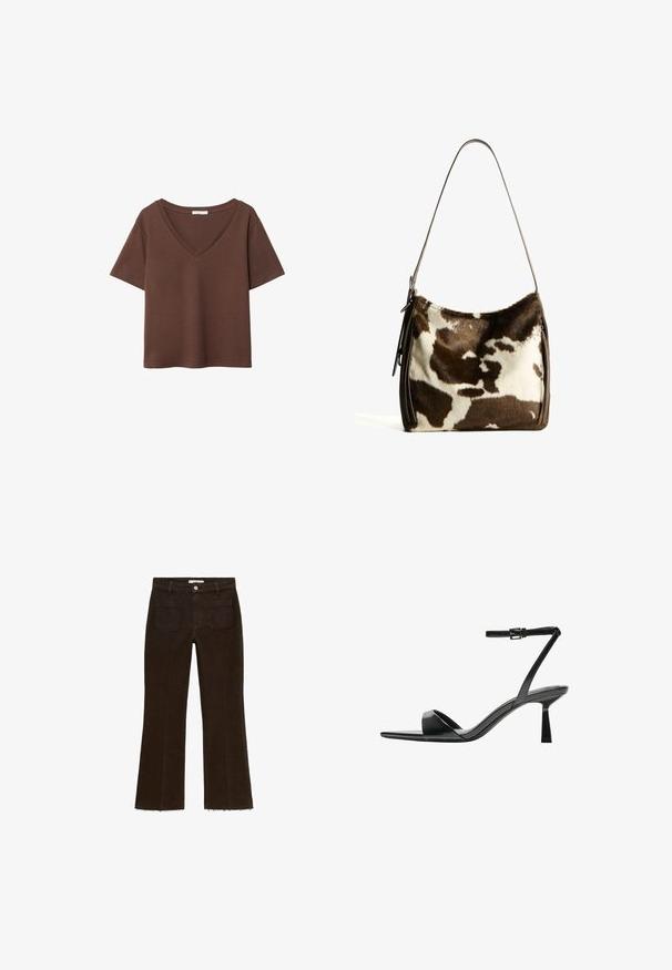 Brown cotton t-shirt with short sleeves and a deep V-neck. Simple design, soft texture, and straight hemline. No patterns or accents.; Brown flared jeans with a high waist, featuring a button closure, two back pockets, and frayed hem detail. Made from denim fabric.; Bershka High heeled sandals - black; Brown and cream cowhide shoulder bag with a smooth leather strap, zip closure, and a soft, textured surface featuring a natural pattern.