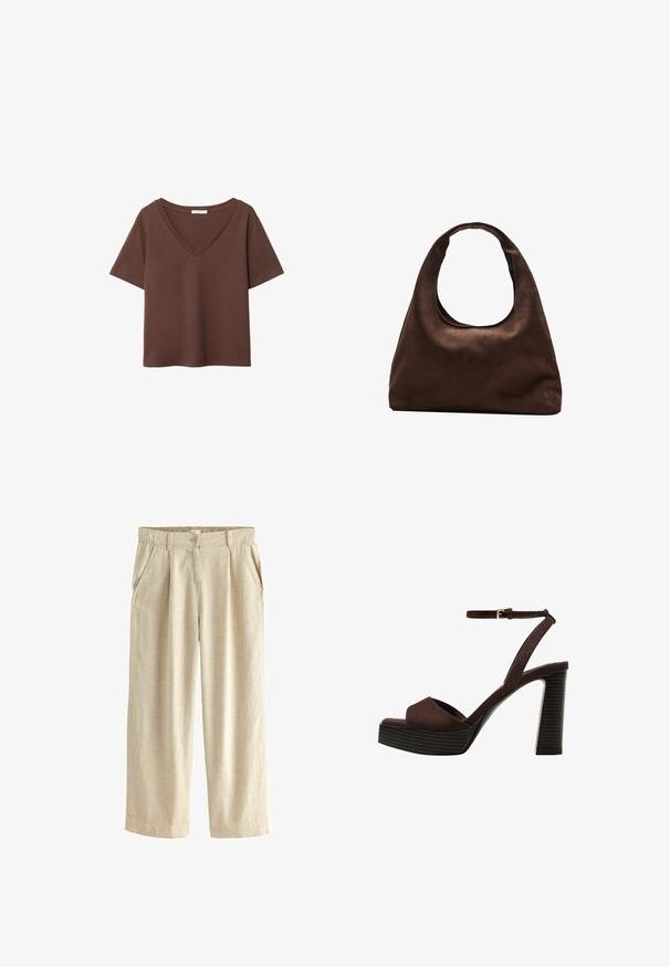 Hnědý bavlněný tričko s krátkými rukávy a hlubokým V-výstřihem. Jednoduchý design, měkká textura a rovný lem. Žádné vzory ani akcenty.; Next BLEND WIDE LEG - Kalhoty - natural; Hnědé semišové sandály na vysokém podpatku s otevřenou špičkou, nastavitelným páskem kolem kotníku a proužkovou platformou.; Měkká hnědá kabelka ve stylu hobo s jedním širokým popruhem a zakřiveným horním otvorem, vystavená na bílém pozadí.