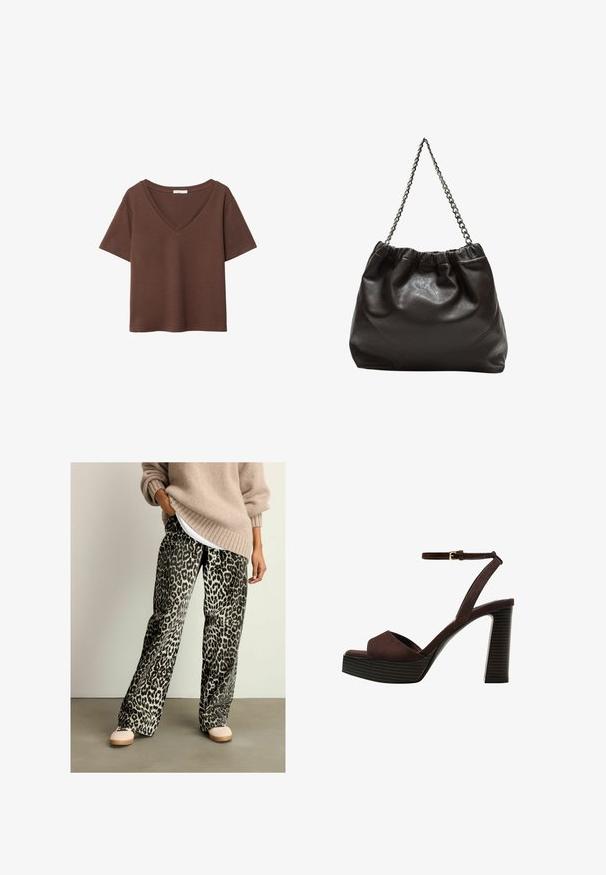 Rjava bombažna majica s kratkimi rokavi in globokim V-izrezom. Preprost dizajn, mehak material in raven rob. Brez vzorcev ali dekorativnih elementov.; Hlače z živalskim vzorcem v črni in sivi barvi s širokimi nogavicami, izdelane iz mehkega blaga, v kombinaciji s bež pletenim puloverjem in svetlimi čevlji.; Rjave semiš sandale z visoko peto, odprto spredaj, z nastavljivim gležnjenjem in črtastim podplatom.; Rjava usnjena torba z nabranim vrhom in verižnim trakom. Gladka tekstura z sijajno površino in subtilnimi šivi na straneh.