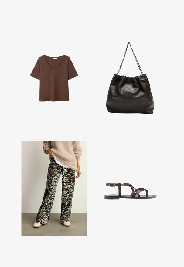 Ruskea puuvillapaita, jossa on lyhyet hihat ja syvä V-kaula-aukko. Yksinkertainen muotoilu, pehmeä rakenne ja suora helma. Ei kuvioita tai yksityiskohtia.; Eläinkuosilla varustetut mustat ja harmaat leveälahkeiset housut, valmistettu pehmeästä kankaasta, yhdistetty beigeen neulepaitaan ja vaaleisiin kenkiin.; Ruske kožne sandale s križnim trakama, zatvaranjem na kopču oko gležnja i ravnim potplatom s minimalnim detaljima šivanja.; Ruskea nahkainen laukku, jossa on kerätty yläosa ja ketjuhihna. Tasainen pinta, jossa kiiltävä viimeistely ja hienovaraiset sauman yksityiskohdat sivuilla.