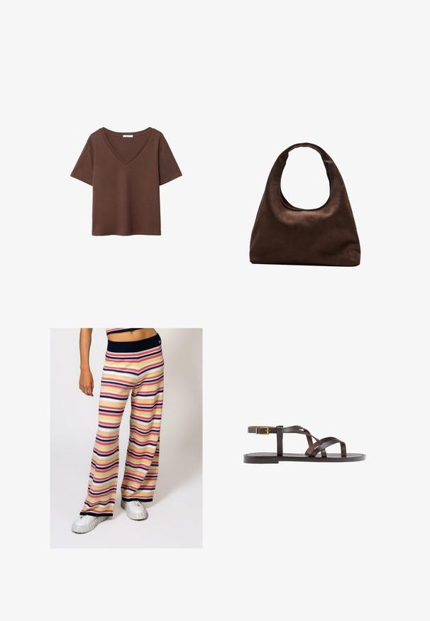 Brązowy bawełniany t-shirt z krótkimi rękawami i głębokim dekoltem w kształcie litery V. Prosty design, miękka faktura i prosty krój u dołu. Brak wzorów i akcentów.; Szerokie spodnie dzianinowe w paski charakteryzują się poziomymi paskami w kolorach różowym, żółtym, granatowym i białym, z granatowym ściągaczem w pasie oraz miękką teksturą.; Brązowe skórzane sandały z krzyżującymi się paskami, zapięciem na klamrę przy kostce oraz płaską podeszwą z minimalnymi detalami szycia.; Miękka, brązowa torebka w stylu hobo z jedną szeroką rączką i wyprofilowanym otwarciem, wyeksponowana na białym tle.