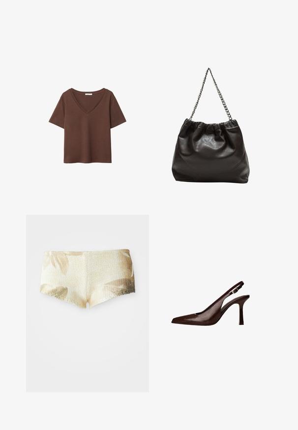 Smeđa pamučna majica kratkih rukava s dubokim V-izrezom. Jednostavan dizajn, mekana tekstura i ravni rub. Bez uzoraka ili naglasaka.; Pleteni šorc u svijetlo bež boji s cvjetnim uzorkom. Ima teksturiranu površinu i valoviti rub. Mekana i lagana tkanina.; Smešani kožni slingback cipele s uskim nosom i tankom petom. Ima malu dekorativnu kopču na remenu i sjajnu završnicu.; Smeđa kožna torba s naboranim vrhom i lančićem za nošenje. Glatka tekstura s sjajnim završetkom i suptilnim šavnim detaljima sa strane.