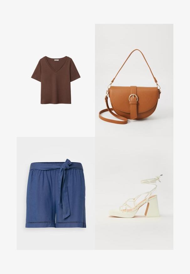 Brun bomulls t-shirt med korta ärmar och djup V-ringning. Enkel design, mjuk textur och rak fåll. Inga mönster eller dekorationer.; ONLY Carmakoma JUPITER LIFE - Shorts - vintage indigo; Vit högklackad sandal med en kraftig klack, med ett remdesign och ankelband. Slät textur med en plattform framtill för ökad höjd.; Brun läder crossbody-väska med en böjd form, gyllene detaljer och en spänneaccent. Har en avtagbar axelrem.
