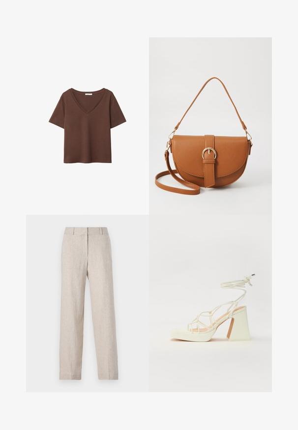 Brown cotton t-shirt with short sleeves and a deep V-neck. Simple design, soft texture, and straight hemline. No patterns or accents.; Beige linen trousers with a straight leg design, high waistband, and subtle texture. No visible pockets or embellishments.; White high-heeled sandal with a chunky heel, featuring a strappy design and ankle tie. Smooth texture with a platform front for added height.; Brown leather crossbody bag with a curved shape, gold hardware, and a buckle accent. Features a detachable shoulder strap.