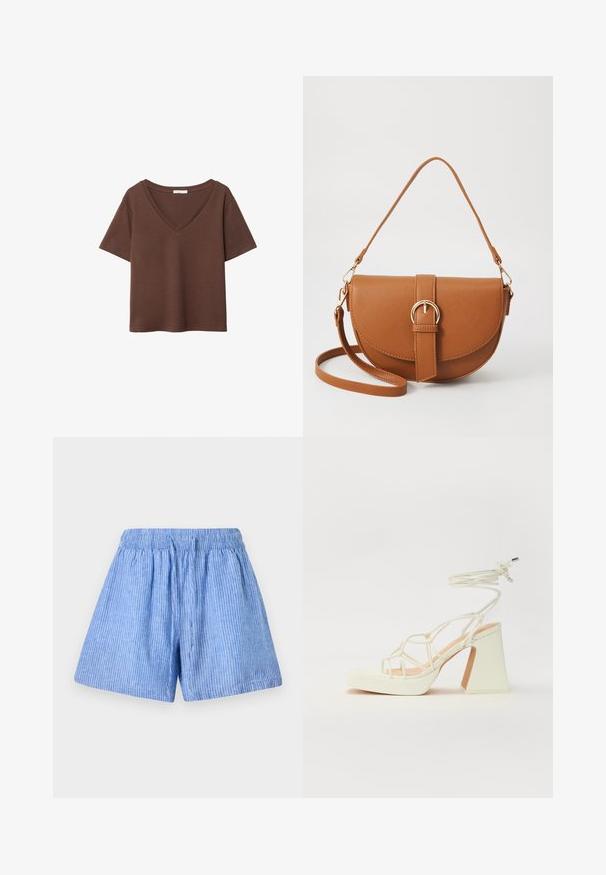 Hnědý bavlněný tričko s krátkými rukávy a hlubokým V-výstřihem. Jednoduchý design, měkká textura a rovný lem. Žádné vzory ani akcenty.; Světlé modré kraťasy vyrobené z bavlny s vertikálními bílými pruhy. Mají elastický pas a volný, uvolněný střih.; Bílé sandály na vysokém podpatku s robustním podpatkem, s designem s pásky a zavazováním kolem kotníku. Hladký povrch s platformou vpředu pro zvýšení výšky.; Hnědá kožená křížová taška s zakřiveným tvarem, zlatými detaily a akcentem s přezkou. Obsahuje odnímatelný popruh na rameno.