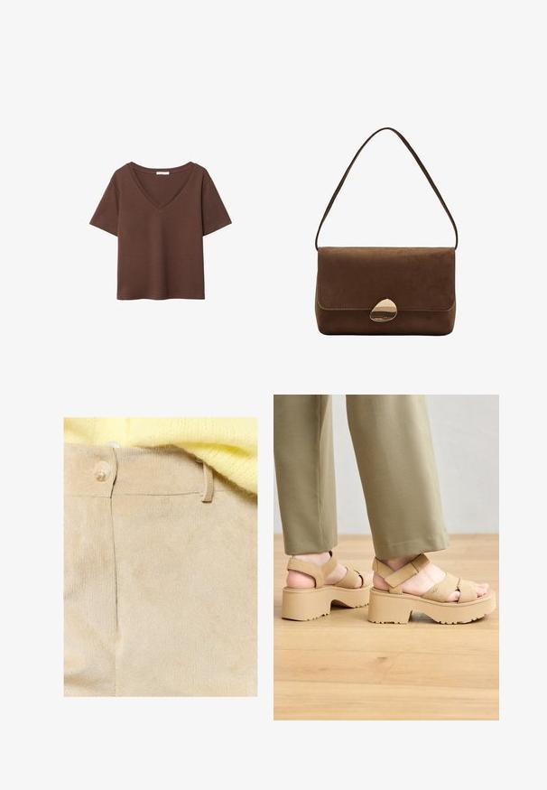Brązowy bawełniany t-shirt z krótkimi rękawami i głębokim dekoltem w kształcie litery V. Prosty design, miękka faktura i prosty krój u dołu. Brak wzorów i akcentów.; LolaLiza - Spodnie materiałowe; Beżowe zamszowe sandały na platformie z szerokimi paskami i masywną podeszwą. Posiadają regulowany pasek z tyłu oraz teksturowaną podeszwę dla lepszej przyczepności.; Brązowa zamszowa torba na ramię z zakrzywionym złotym zapięciem i pojedynczym paskiem, prostokątnego kształtu z klapką.