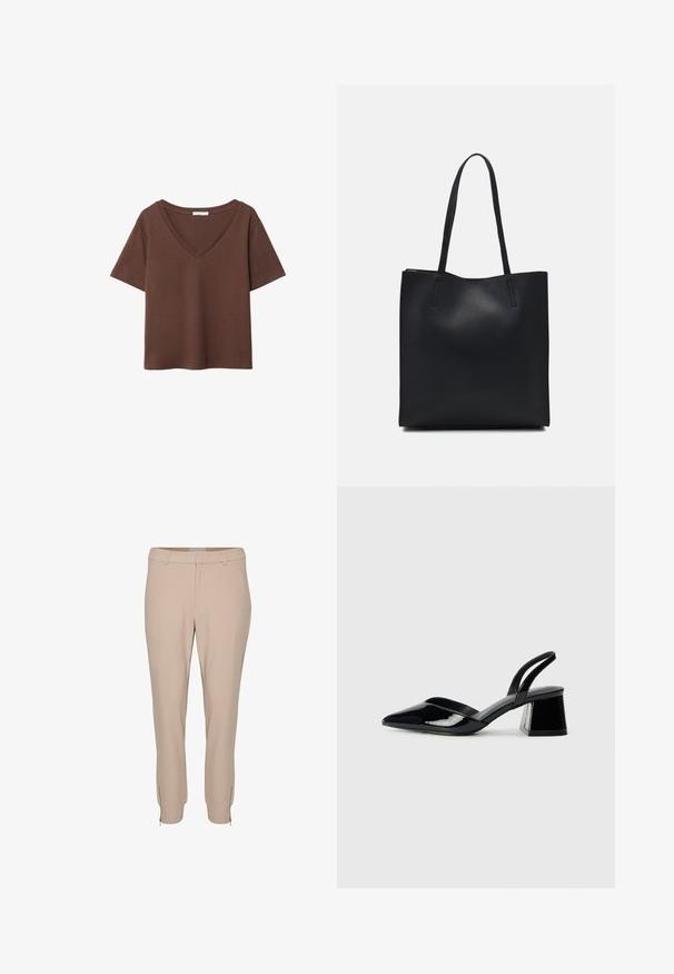 Ruskea puuvillapaita, jossa on lyhyet hihat ja syvä V-kaula-aukko. Yksinkertainen muotoilu, pehmeä rakenne ja suora helma. Ei kuvioita tai yksityiskohtia.; Beige tailored pants with a slim fit, featuring side pockets and zip accents at the hem, made from a smooth, lightweight fabric.; Mustat patentoitu nahkakengät, joissa on säären takaosa ja terävä kärki, sekä geometrinen palikkakorko. Sisältää tyylikkään, minimalistisen muotoilun ja sileän pinnan.; Mustapahkainen kangaskassi, jossa on sileä pinta, suorakaiteen muotoinen ja kaksi pitkää kahvaa. Ei näkyvää metalliosaa tai koristeita.