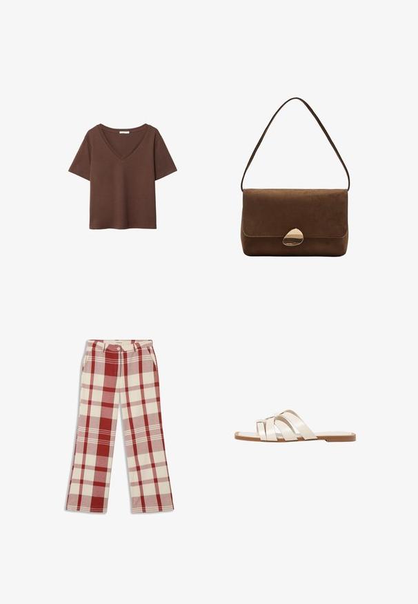 Brązowy bawełniany t-shirt z krótkimi rękawami i głębokim dekoltem w kształcie litery V. Prosty design, miękka faktura i prosty krój u dołu. Brak wzorów i akcentów.; Thinking Mu HERMIONE czerwony; Płaskie sandały z brązową gumową podeszwą, zaprojektowane z trzema nakładającymi się na siebie białymi skórzanymi paskami i małym detalem w postaci kokardy na środku.; Brązowa zamszowa torba na ramię z zakrzywionym złotym zapięciem i pojedynczym paskiem, prostokątnego kształtu z klapką.