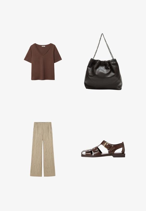 Brown cotton t-shirt with short sleeves and a deep V-neck. Simple design, soft texture, and straight hemline. No patterns or accents.; Beige wide-leg trousers made of smooth fabric, featuring a wavy silver pattern and elastic waistband, with side pockets.; Brown leather sandal featuring a cutout design, adjustable side buckle, and flat sole, with metal accents and an open toe.; Brown leather bag with a gathered top and a chain strap. Smooth texture with a glossy finish and subtle seam detailing on the sides.