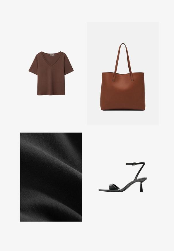 Brun bomulds t-shirt med korte ærmer og dyb V-hals. Enkel design, blød tekstur og lige kant. Ingen mønstre eller detaljer.; Sort stof med en glat, mat tekstur, der viser subtile variationer i nuance og fiber, draperet for at afsløre bløde kurver og dybde.; Bershka Højhælede sandaletter / Højhælede sandaler - black; Brun læder tote taske med en glat overflade, åben topdesign og to skulderremme. Har minimal syning og ingen synlig hardware.