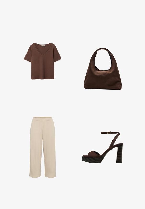 Ruskea puuvillapaita, jossa on lyhyet hihat ja syvä V-kaula-aukko. Yksinkertainen muotoilu, pehmeä rakenne ja suora helma. Ei kuvioita tai yksityiskohtia.; Kaffe CROPPED - Verryttelyhousut - feather gray; Ruske kožne sandale s visokom potpeticom, otvorenim prstima, podesivim kopčanjem oko gležnja i prugastim platformskim đonom.; Pehmeä ruskea hobo-tyylinen käsilaukku, jossa on yksi leveä olkahihna ja kaareva yläosan aukko, esitelty valkoista taustaa vasten.