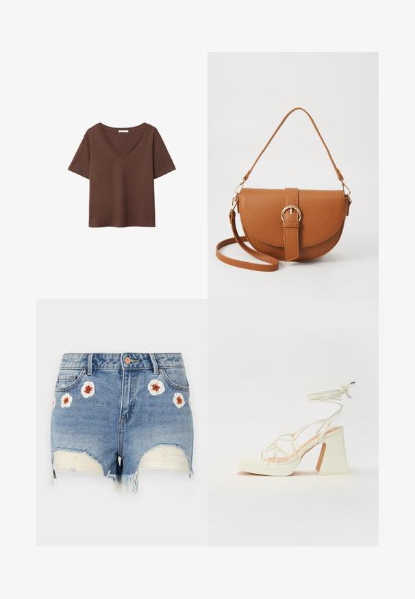 Brun bomulls t-shirt med korta ärmar och djup V-ringning. Enkel design, mjuk textur och rak fåll. Inga mönster eller dekorationer.; Jeansshorts med fransade kanter, ljusblå färg, med blommig broderi i vitt och brunt runt framsidan. Femficksdesign.; Vit högklackad sandal med en kraftig klack, med ett remdesign och ankelband. Slät textur med en plattform framtill för ökad höjd.; Brun läder crossbody-väska med en böjd form, gyllene detaljer och en spänneaccent. Har en avtagbar axelrem.