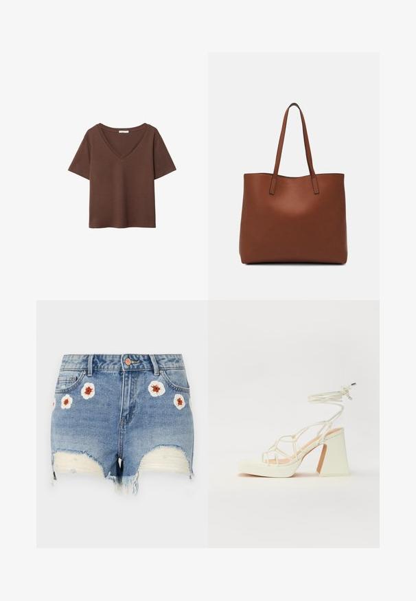 Ruskea puuvillapaita, jossa on lyhyet hihat ja syvä V-kaula-aukko. Yksinkertainen muotoilu, pehmeä rakenne ja suora helma. Ei kuvioita tai yksityiskohtia.; Farkkushortsit, joissa on risainen helma, vaaleansininen väri, ja edessä on valkoista ja ruskeaa kukkakirjontaa. Viisi taskua.; Valkoinen korkokenkä, jossa on paksu korko, ja joka sisältää nauhakiinnityksen ja nilkkaketjun. Sujuva pinta, jossa on platform-etupohja lisäkorkeutta varten.; Ruskea nahkainen olkalaukku, jossa on sileä pinta, avoin yläosa ja kaksi olkahihnaa. Omaavat vain minimaalisen ompelun eikä näkyvää metalliosaa.