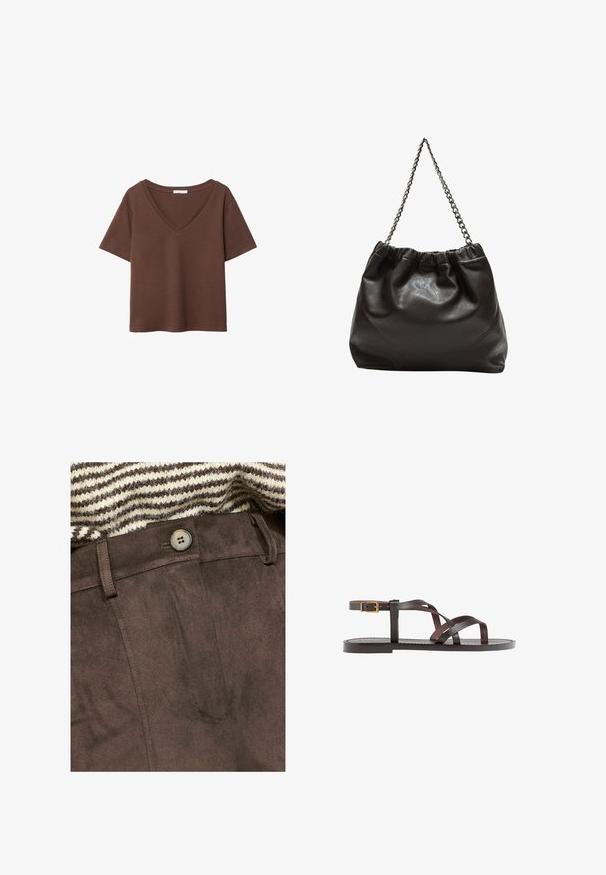 Hnědý bavlněný tričko s krátkými rukávy a hlubokým V-výstřihem. Jednoduchý design, měkká textura a rovný lem. Žádné vzory ani akcenty.; Hnědé sametové kalhoty s hladkou strukturou, s předním knoflíkem a poutky na opasek, částečně zakryté pruhovaným pleteným svetrem.; Hnědé kožené sandály s kříženými pásky, uzavřením na přezku u kotníku a plochou podrážkou s minimem švů.; Hnědá kožená taška se sbíraným vrškem a řetízkovým popruhem. Hladký povrch s lesklým finišem a jemným švem na bocích.