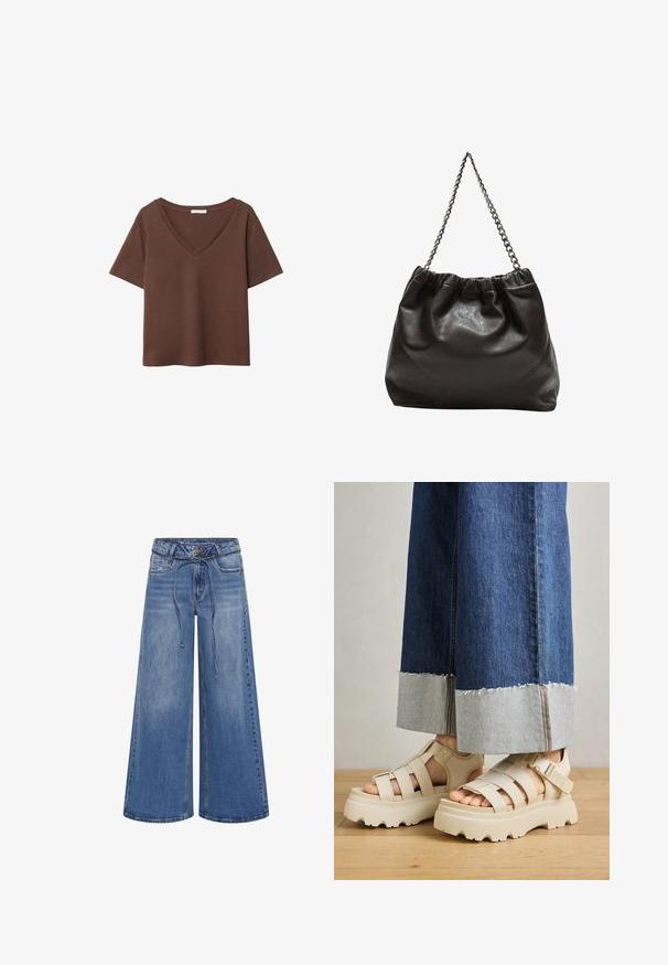 Rjava bombažna majica s kratkimi rokavi in globokim V-izrezom. Preprost dizajn, mehak material in raven rob. Brez vzorcev ali dekorativnih elementov.; My Essential Wardrobe MID WIDE - Kavbojke na trapez - medium blue wash; Bež platformske sandale s debelimi podplati imajo trakove in nastavljive gležnjske trakove. Ustrezajo širokim jeans hlačam, pri katerih je eden robov razfrčan.; Rjava usnjena torba z nabranim vrhom in verižnim trakom. Gladka tekstura z sijajno površino in subtilnimi šivi na straneh.