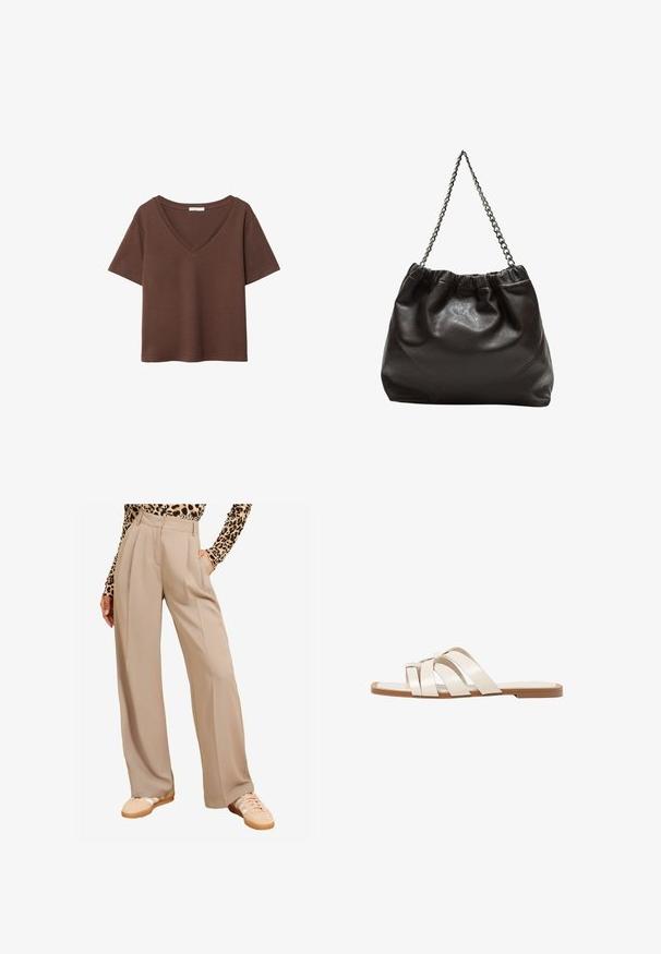 T-shirt en coton brun avec des manches courtes et un décolleté en V profond. Design simple, texture douce et ourlet droit. Pas de motifs ni d'accents.; Pantalons larges beiges avec des plis, dotés de poches et d'une texture lisse. Associés à des baskets beiges et un haut à imprimé léopard.; Sandales plates avec une semelle en caoutchouc beige, conçues avec trois brides en cuir blanc se chevauchant et un petit nœud au centre.; Sac en cuir marron avec un haut froncé et une bandoulière en chaîne. Texture lisse avec une finition brillante et des coutures subtiles sur les côtés.