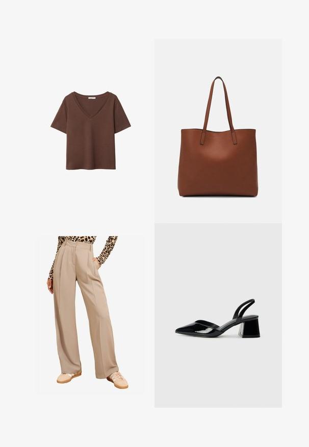 Bruine katoenen t-shirt met korte mouwen en een diepe V-hals. Eenvoudig ontwerp, zachte textuur en rechte zoom. Geen patronen of accenten.; Beige wijde broek met plooien, voorzien van zakken en een gladde textuur. Gecombineerd met beige sneakers en een top met luipaardprint.; Zwarte gepatineerde leren slingback hakken met een spitse neus en een geometrische blokhak. Kenmerkt zich door een slank, minimalistisch ontwerp en een gladde textuur.; Bruine leren tote bag met een gladde textuur, een ontwerp met een open bovenkant en twee schouderbanden. Kenmerkt zich door minimale stiksels en geen zichtbare hardware.