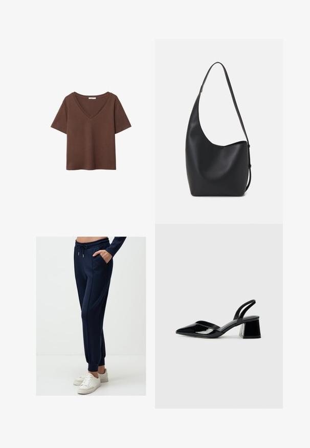 Brązowy bawełniany t-shirt z krótkimi rękawami i głębokim dekoltem w kształcie litery V. Prosty design, miękka faktura i prosty krój u dołu. Brak wzorów i akcentów.; Jimmy Key - Spodnie treningowe; Czarne lakierowane półbuty na obcasie z wydłużonym noskiem i geometrycznym słupkiem. Charakteryzują się eleganckim, minimalistycznym designem oraz gładką fakturą.; Czarna skórzana torba hobo o gładkiej fakturze, zaokrąglonym kształcie i pojedynczym, regulowanym pasku; posiada szerokie otwarcie na górze.