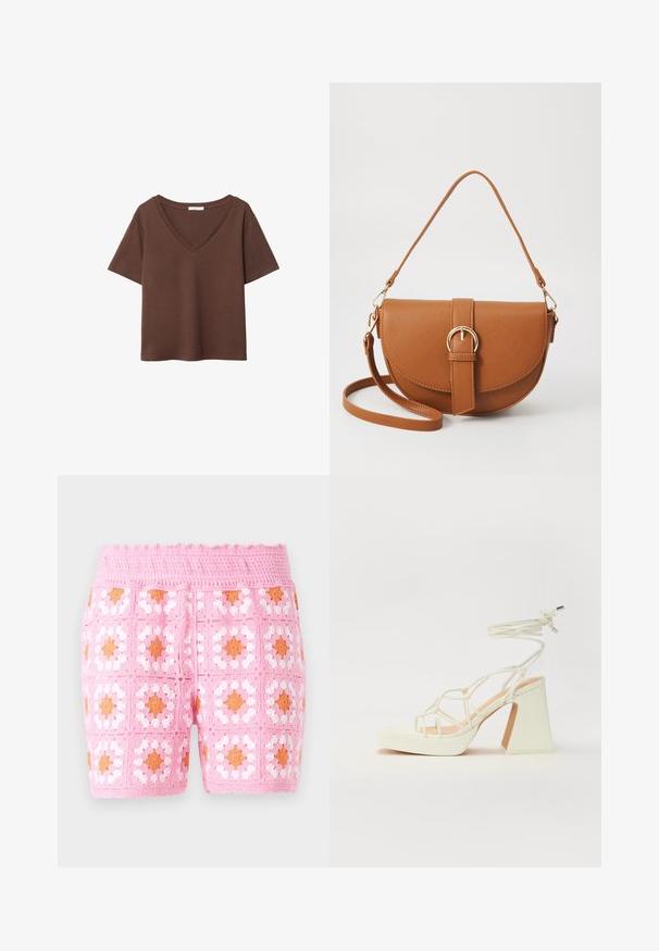 T-shirt in cotone marrone con maniche corte e scollo a V profondo. Design semplice, texture morbida e orlo dritto. Senza fantasie o dettagli.; Shorts all'uncinetto rosa con motivo a quadri e accenti bianchi e arancioni. Tessuto testurizzato con un dettaglio sulla cintura ondulata.; Sandalo bianco con tacco alto, caratterizzato da un design a cinturini e un legaccio alla caviglia. Texture liscia con una piattaforma frontale per un'altezza aggiuntiva.; Borsa a tracolla in pelle marrone con forma curvata, hardware dorato e un dettaglio con fibbia. Presenta una tracolla rimovibile.