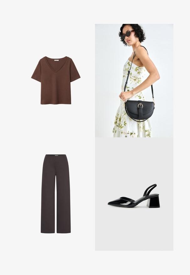 Brązowy bawełniany t-shirt z krótkimi rękawami i głębokim dekoltem w kształcie litery V. Prosty design, miękka faktura i prosty krój u dołu. Brak wzorów i akcentów.; ICHI - Spodnie materiałowe; Czarne lakierowane półbuty na obcasie z wydłużonym noskiem i geometrycznym słupkiem. Charakteryzują się eleganckim, minimalistycznym designem oraz gładką fakturą.; Czarna skórzana torebka o zakrzywionym kształcie, z odpinanym paskiem i złotymi akcentami. Torebka posiada klapę z zapięciem w kształcie klamry.