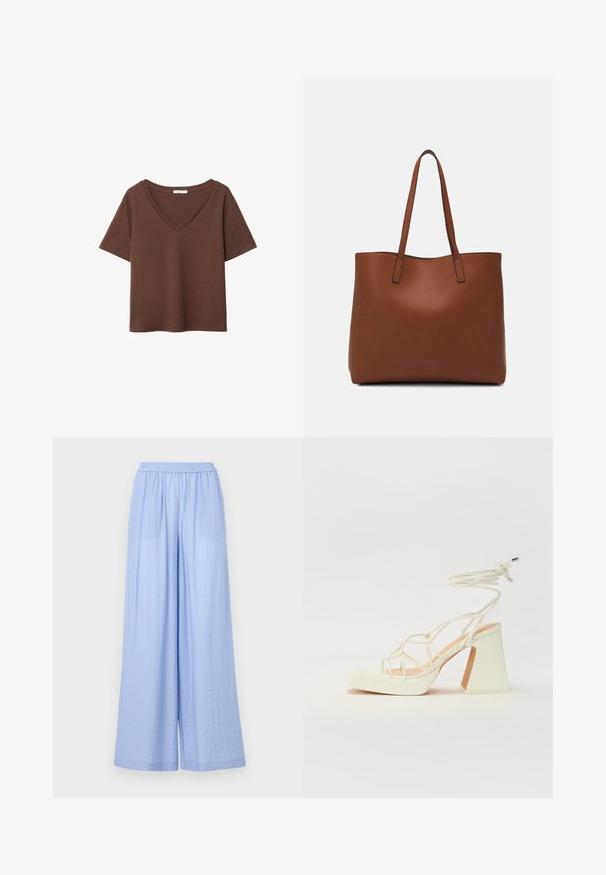Smeđa pamučna majica kratkih rukava s dubokim V-izrezom. Jednostavan dizajn, mekana tekstura i ravni rub. Bez uzoraka ili naglasaka.; Svijetloplave hlače širokih nogavica izrađene od teksturirane tkanine, s elastičnim pojasom i dva bočna džepa.; Bijela sandala na visokoj potpetici s debelim petom, s remenom i vezanjem oko gležnja. Glatka tekstura s platformom sprijeda za dodatnu visinu.; Smeđa kožna torba preko ramena s glatkom teksturom, otvorenim vrhom i dvjema naramenicama. Ima minimalne šavove i nema vidljivog hardvera.